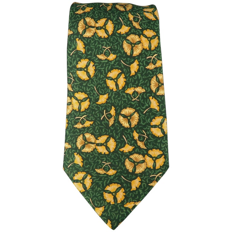 Men's HERMES Green and Gold Floral Leaf Print Silk Tie at 1stdibs