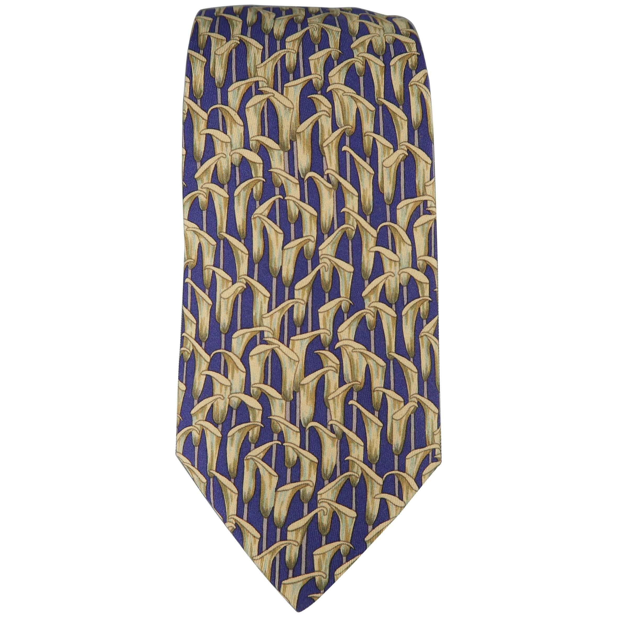 Men's HERMES Navy & Beige Calla Lily Print Silk Tie