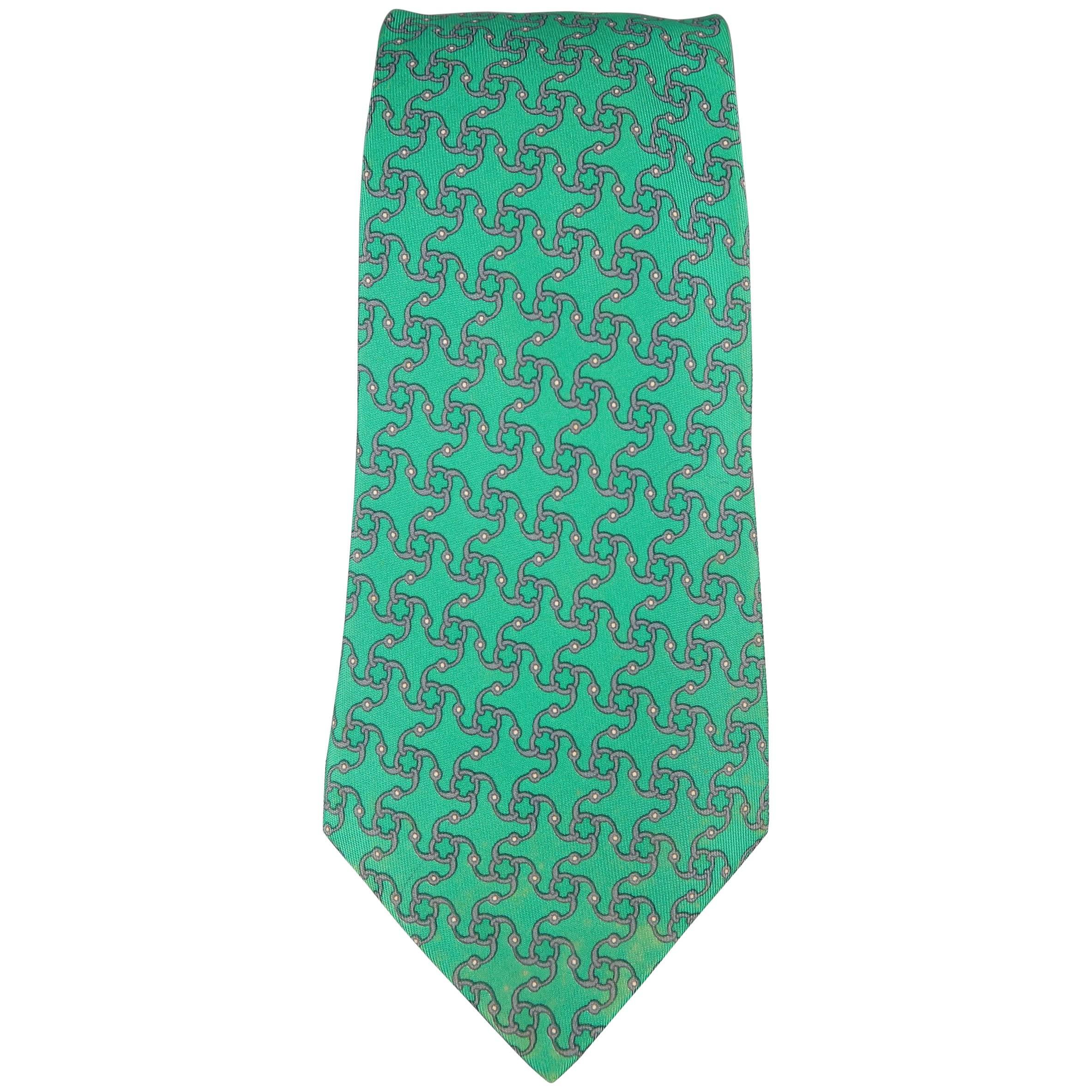 Men's HERMES Green & Grey Interlock Pattern Silk Tie