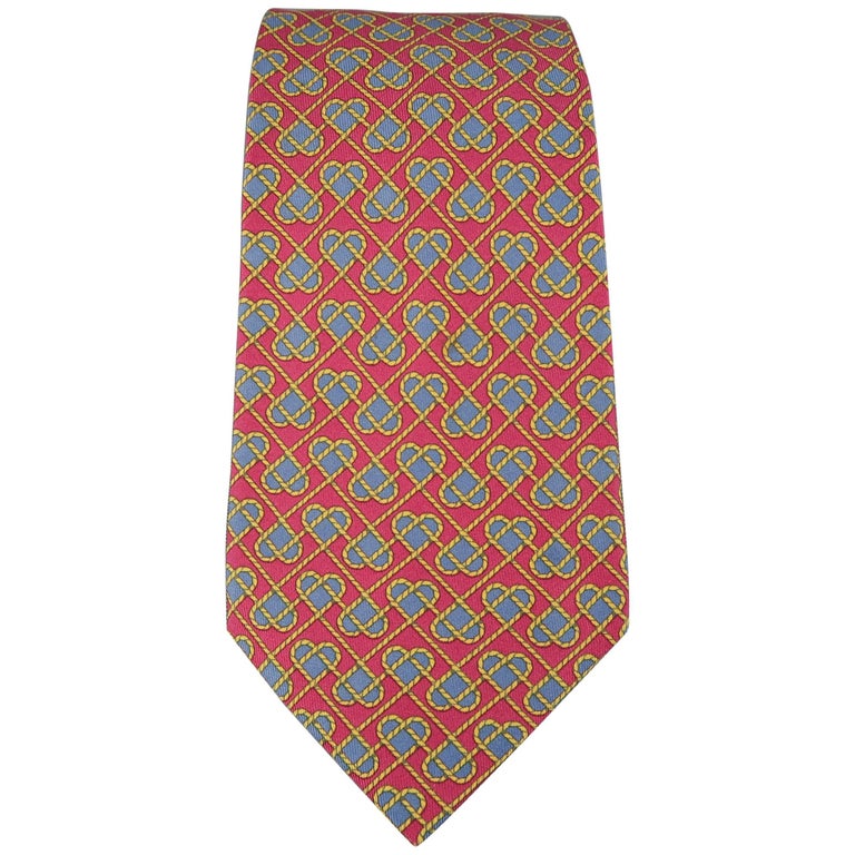 Men's HERMES Raspberry Red Gold and Blue Rope Heart Print Silk Tie at 1stdibs