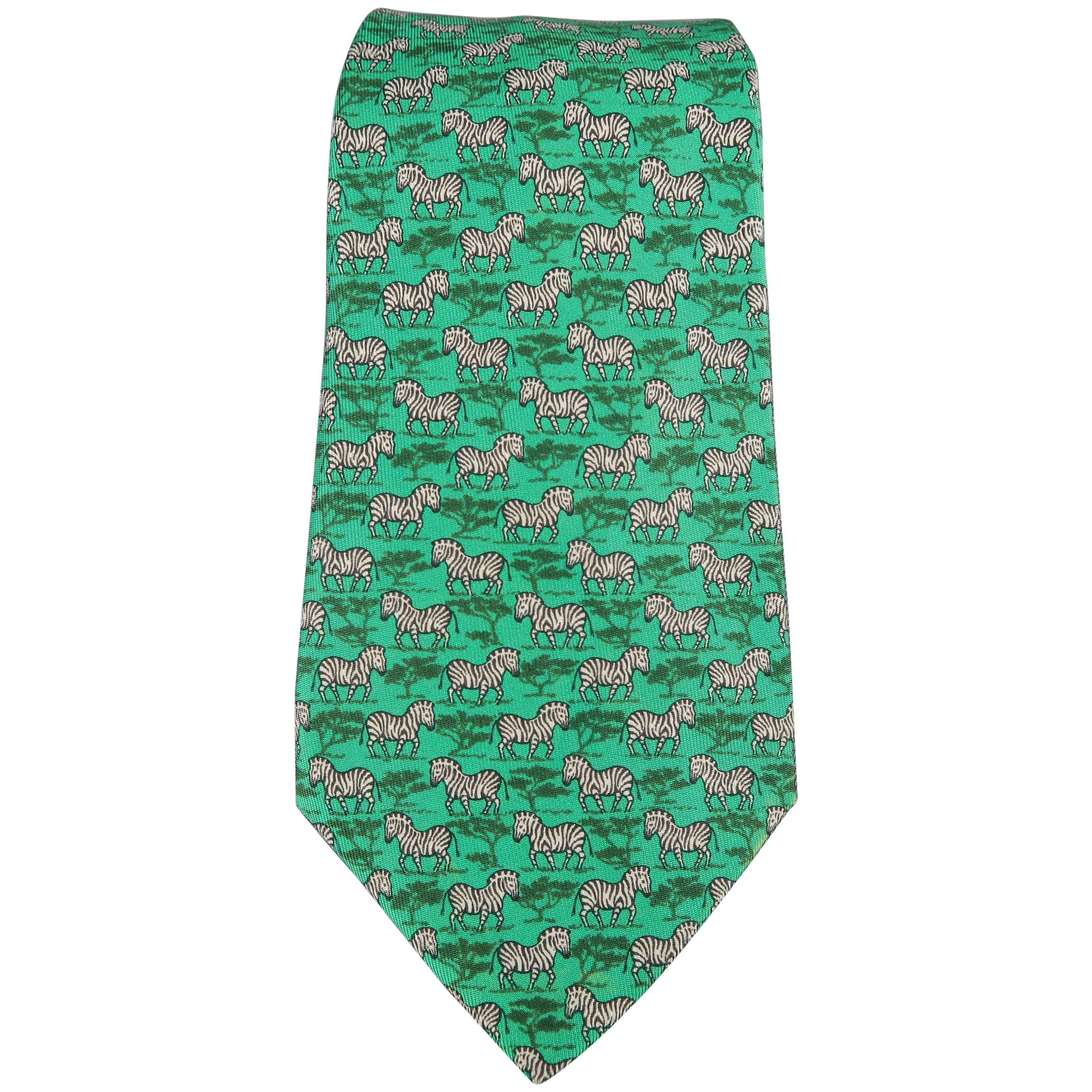 Men's HERMES Green Silk Zebras Print Tie