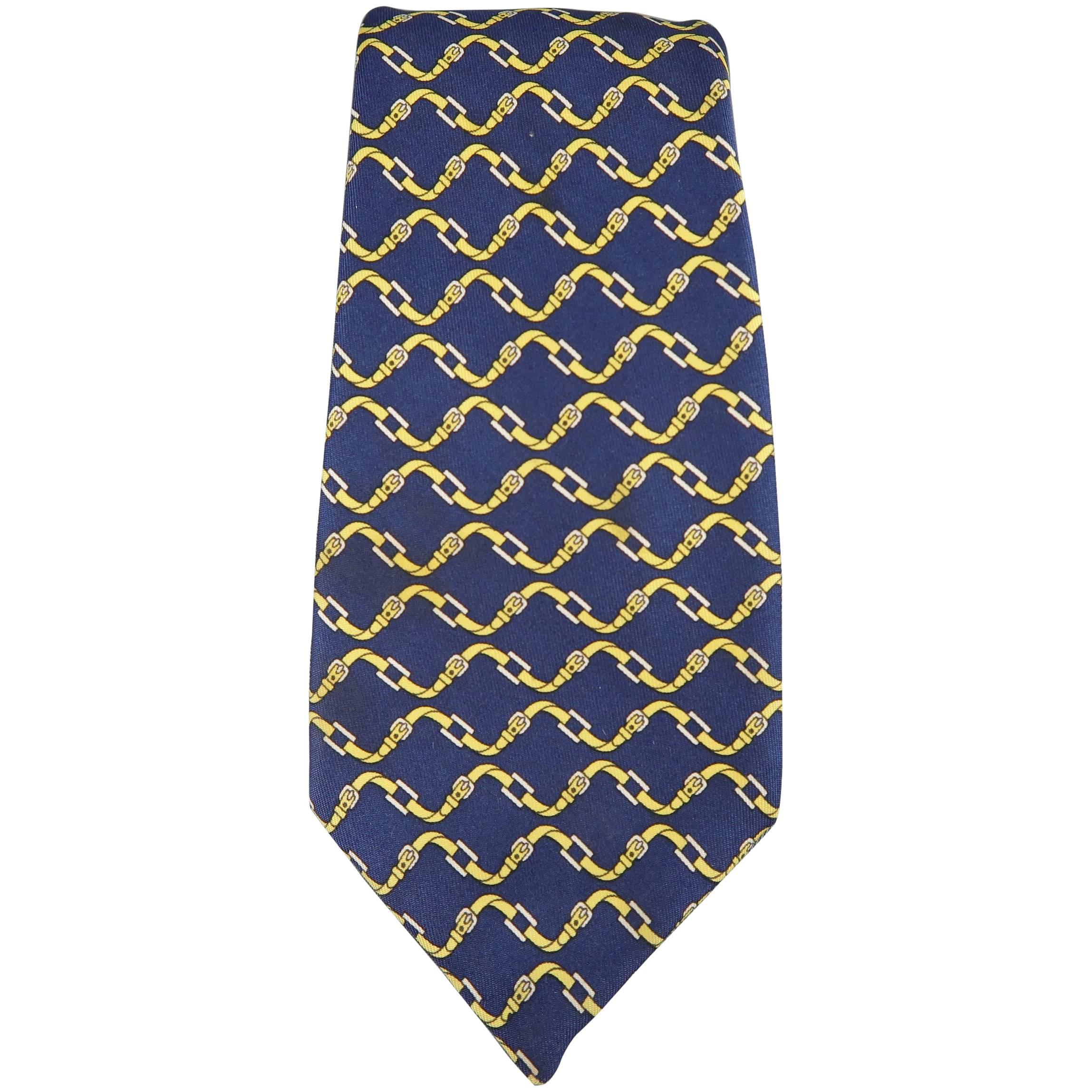 Men's HERMES Navy and Yellow Belt Print Silk Tie at 1stDibs hermes