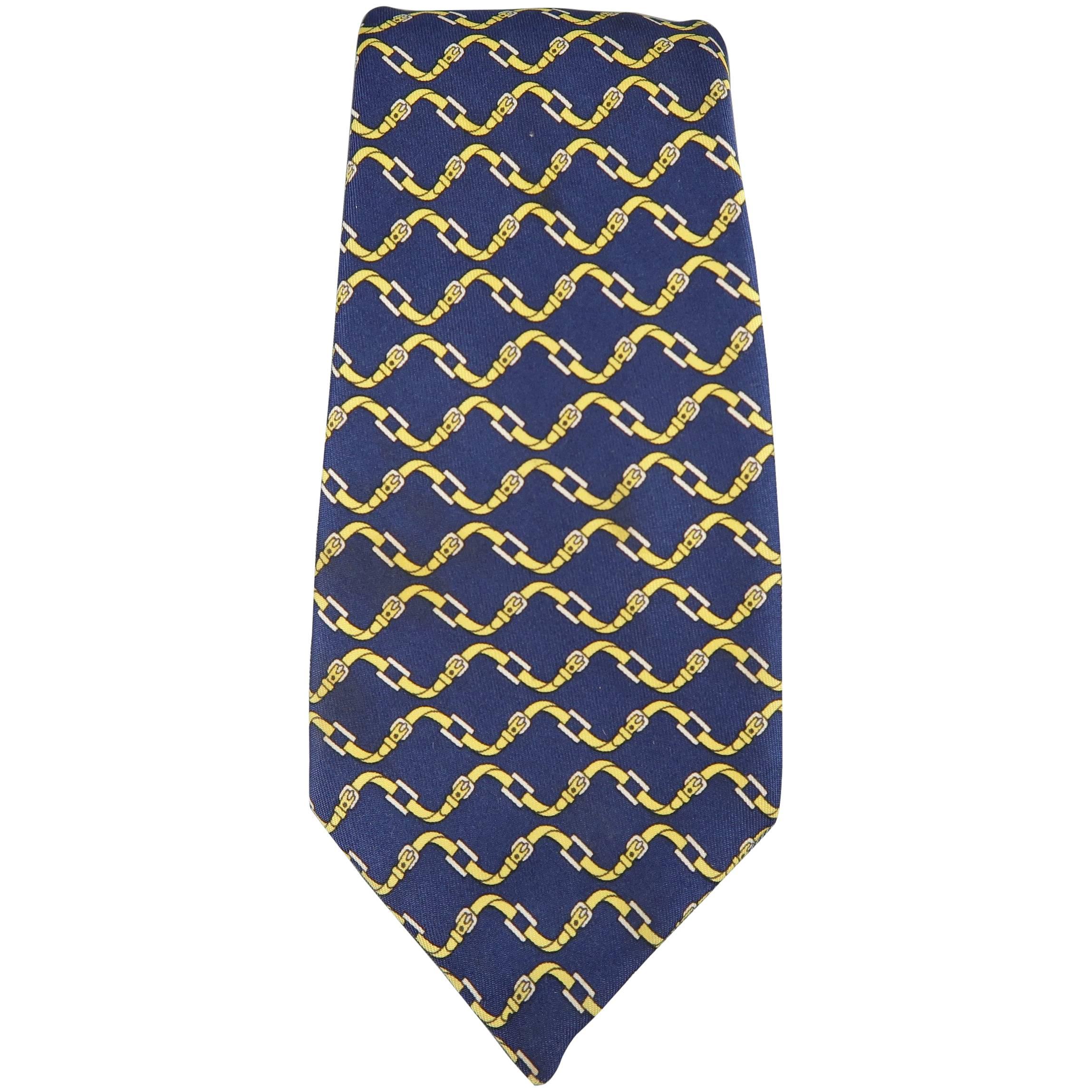 Men's HERMES Navy & Yellow Belt Print Silk Tie