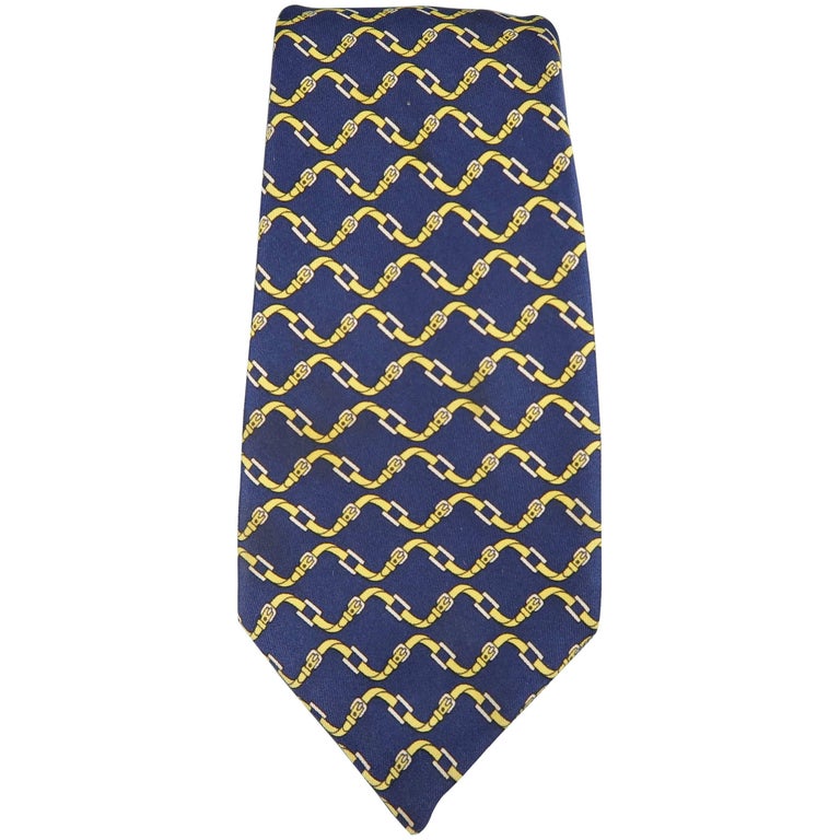 Men's HERMES Navy and Yellow Belt Print Silk Tie at 1stDibs hermes