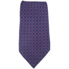 Men's HERMES Navy & Red Circle Interlock Weave Pattern Silk Tie