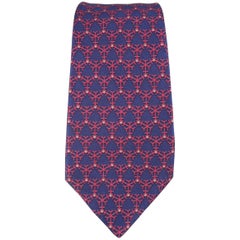 Men's HERMES Navy & Red Interlock Snowflake Print Silk Tie