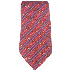 Men's HERMES Red & Blue Diagonal Belt Stripe Print Silk Tie