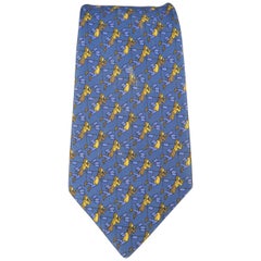 Men's  HERMES Blue & Gold Flag Man Print Silk Tie