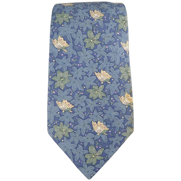 Men's HERMES Muted Blue and Beige Flower and Butterfly Silk Tie at 1stDibs