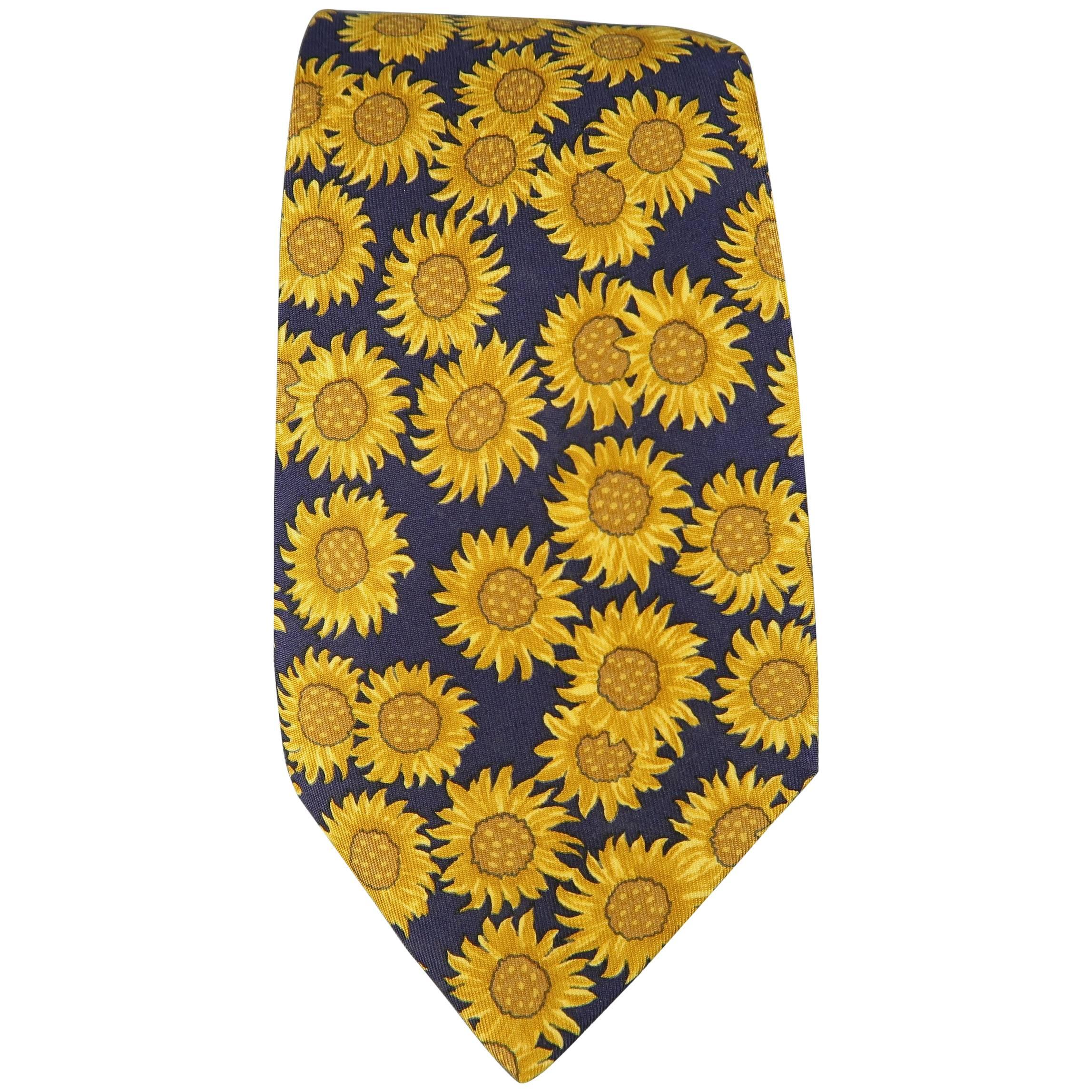 Men's  HERMES Gold & Navy Sunflower Print Silk Tie