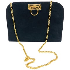 Salvatore Ferragamo black suede gold hardware clutch shoulder bag