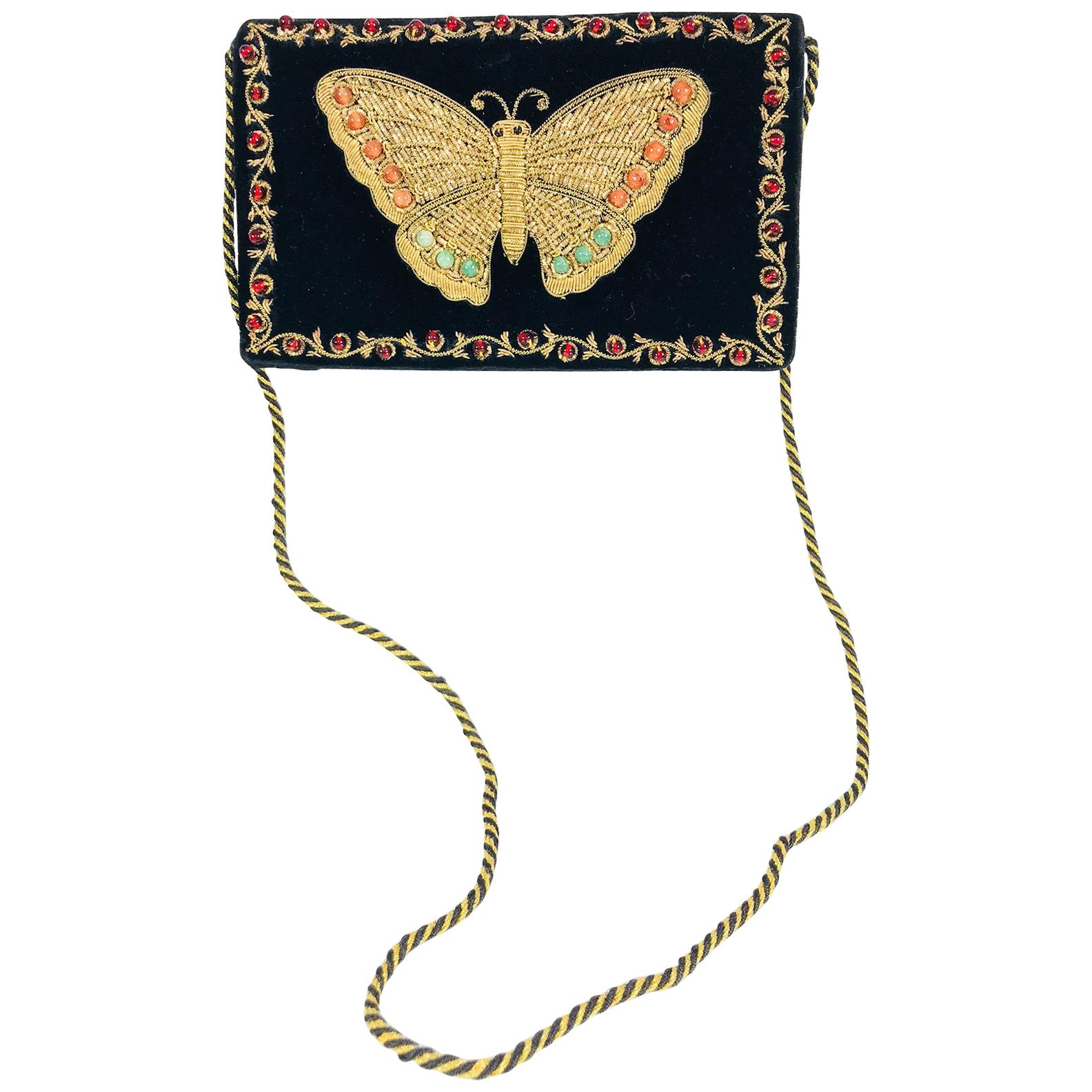 Jewel bead gold bouillon embroidered butterfly evening bag 1970s
