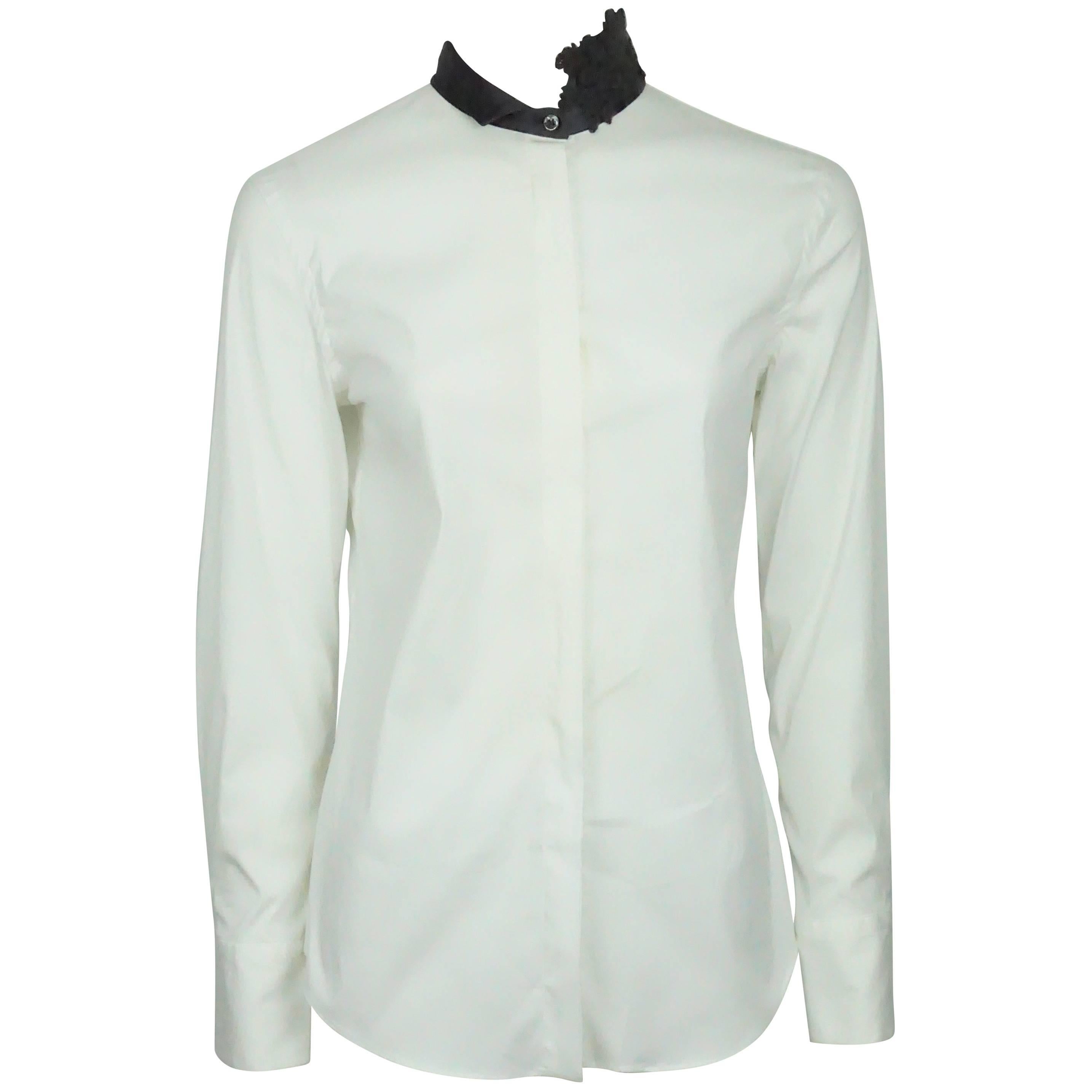 Brunello Cucinelli White Cotton Long Sleeve Shirt with Grey Collar - S