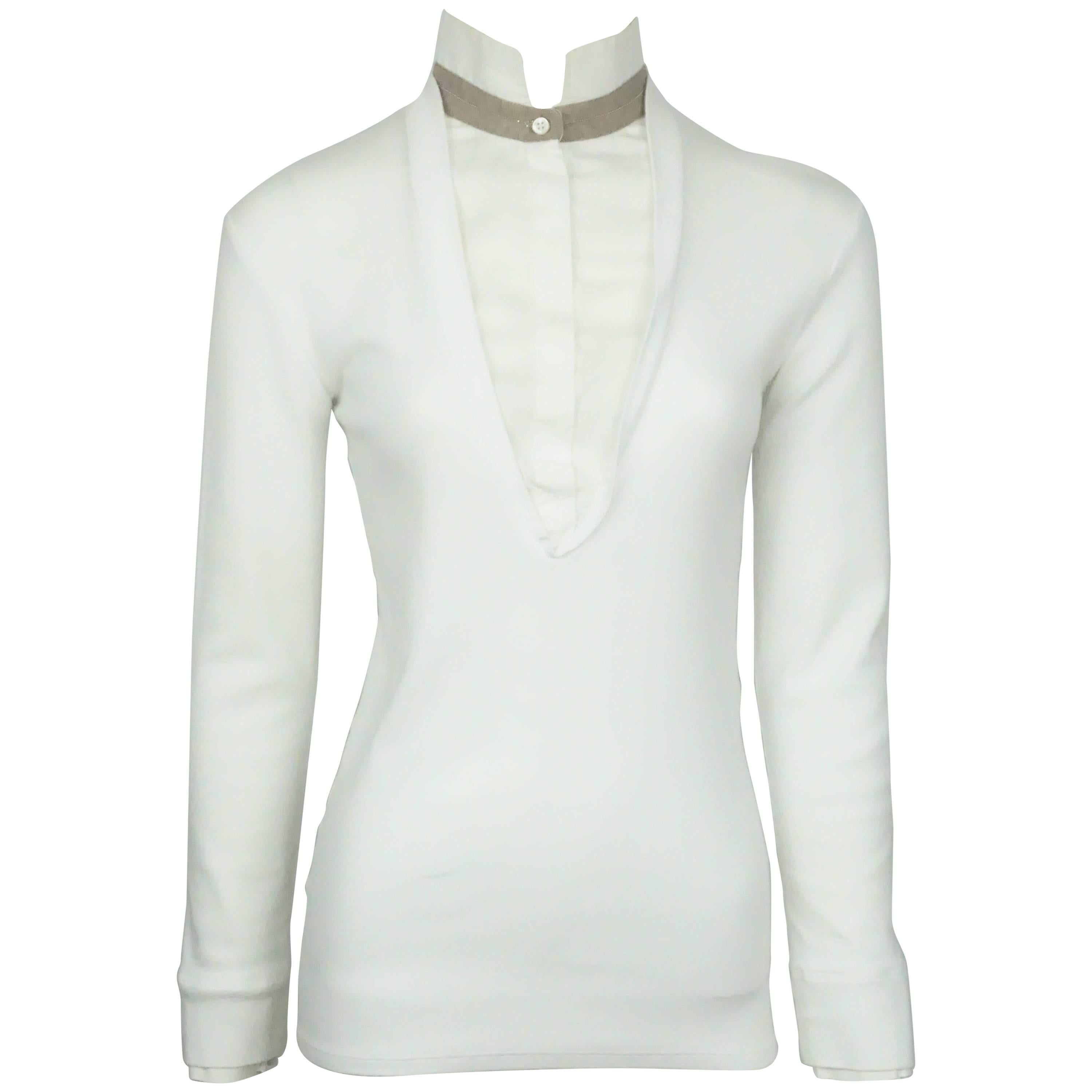 Brunello Cucinelli White Cotton Knit Long Sleeve Top with mandarin collar-L