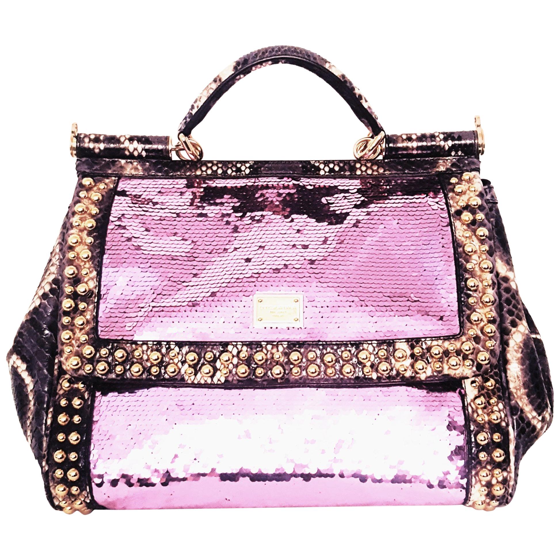 Dolce & Gabbana Pink Sequin w/ Purple & Ivory Python Highlighted w/ Gold Studs