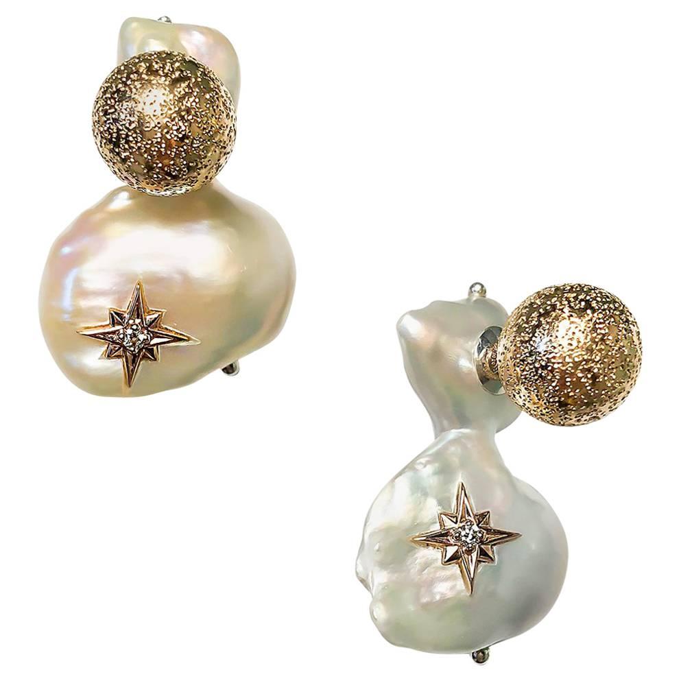 Rock Lily ( NEW ) Cultured Baroque Pearl 14K Rose 2 Stars Diamond Stud Earrings For Sale