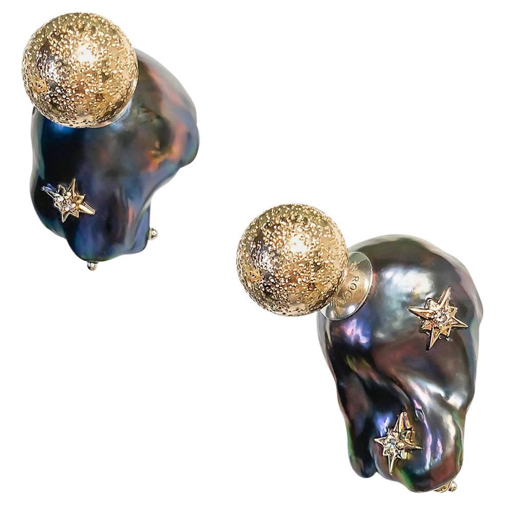 Rock Lily ( NEW ) Cultured Baroque Pearl 14K Rose 3 Stars Diamond Stud Earrings For Sale