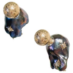 Rock Lily ( NEW ) Cultured Baroque Pearl 14K Rose 3 Stars Diamond Stud Earrings