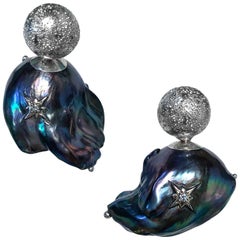 Rock Lily ( NEW ) Cultured Baroque Pearl 14K White 2 Stars Diamond Stud Earrings