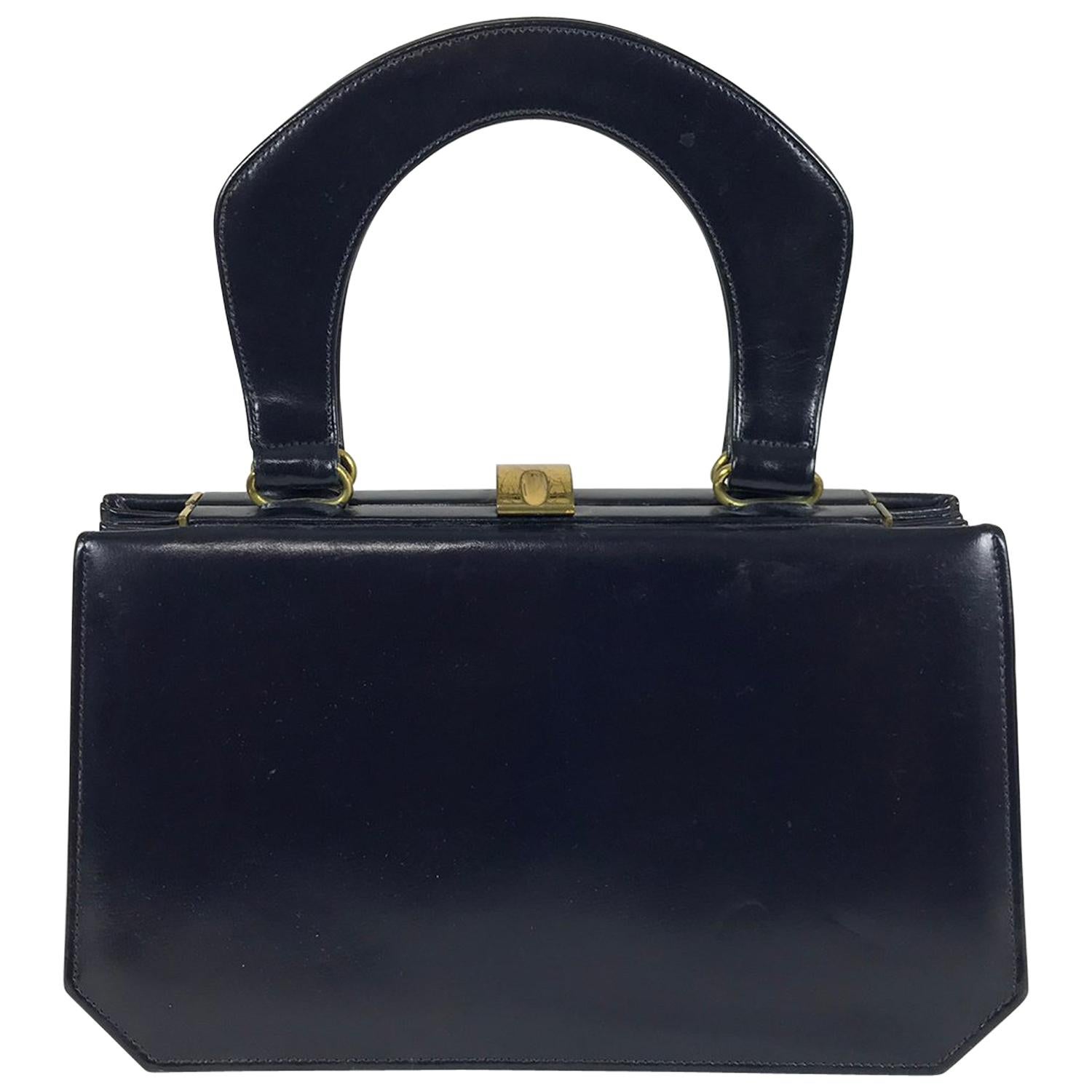 Susan Gail Original Navy Blue Box Calf Accordion Handbag, 1950s