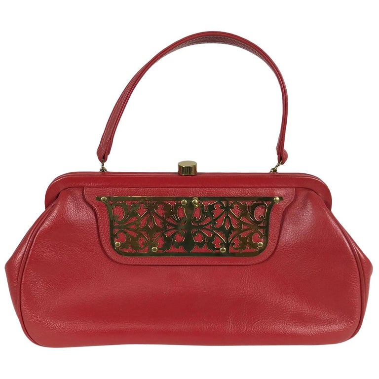 Roger Van S Red Pebble Leather Gold Hardware Handbag 1950s For Sale at