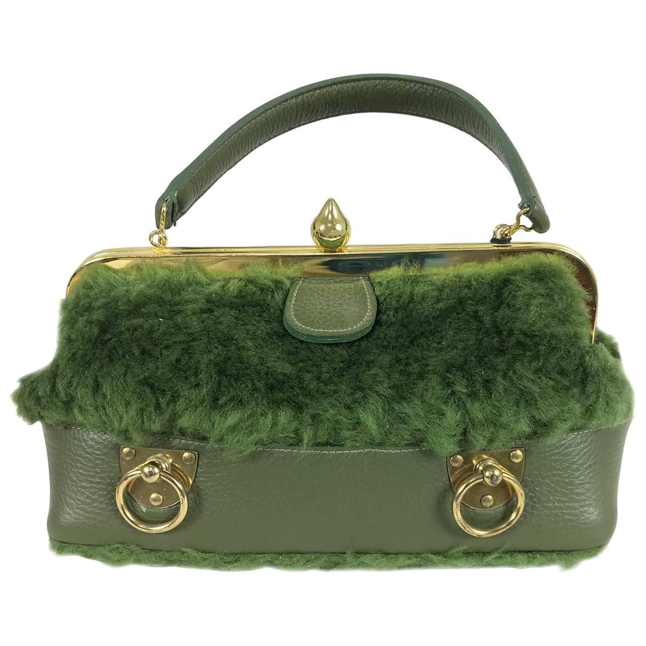 Roger Van S avocado green leather and faux fur handbag gold hardware 1960s NWT