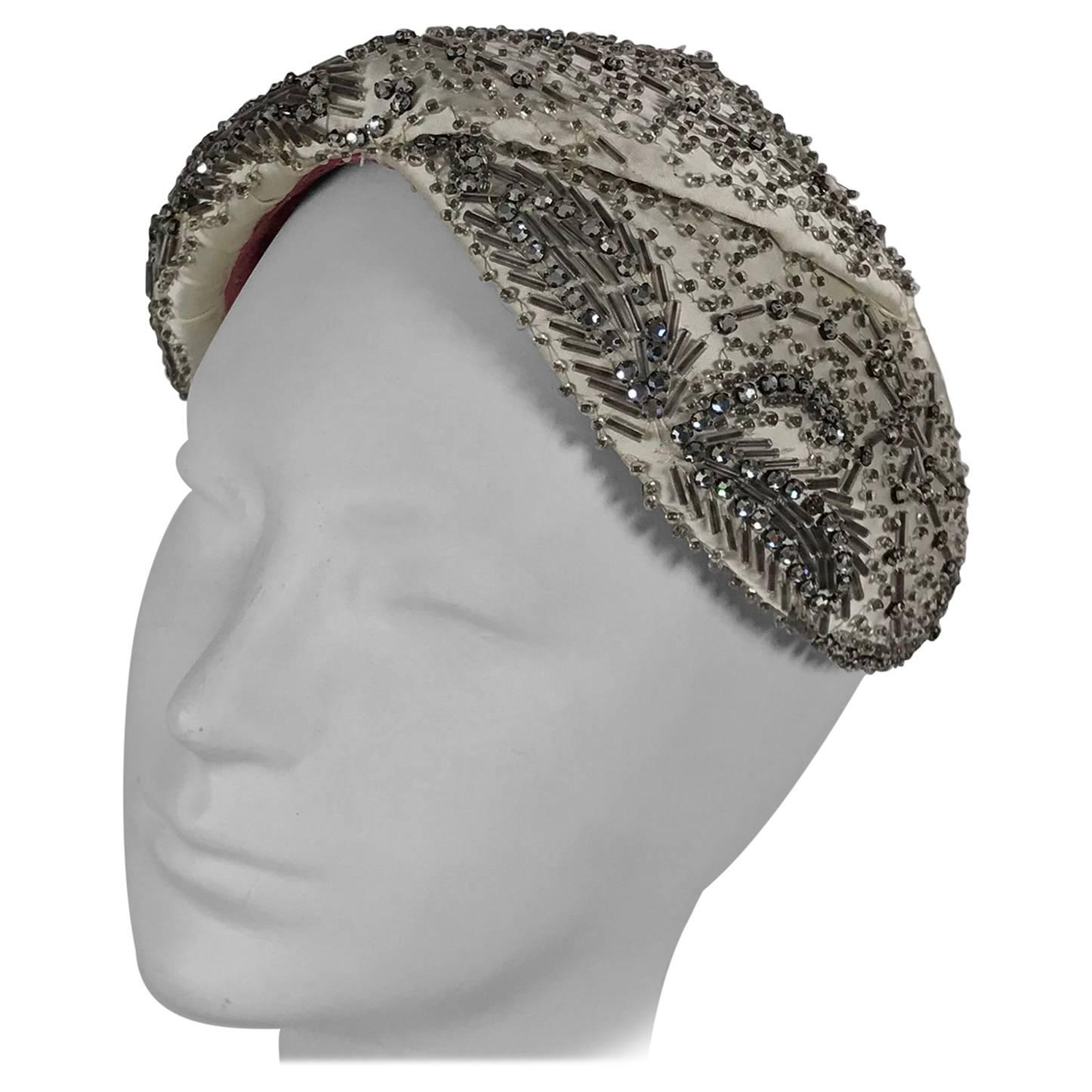 Designed by Lora rhinestone and beaded cocktail hat, 1950s