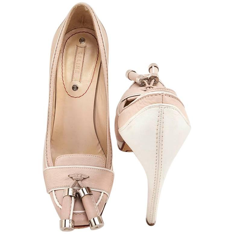 CELINE High Heels in Pale Pink and White Leather Size 37 For Sale