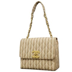 90s Chanel Beige and White Canvas Stripe "CC" Gold-Toned Hardware Shoulder Bag 