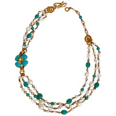 Goossens Paris Turquoise, Pearl, and Rock Crystal Trefle Necklace