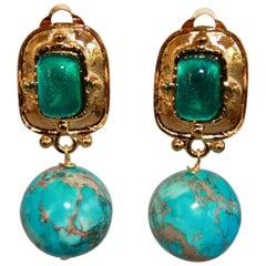 One of a Kind Philippe Ferrandis Turquoise and Glass Clip Earrings