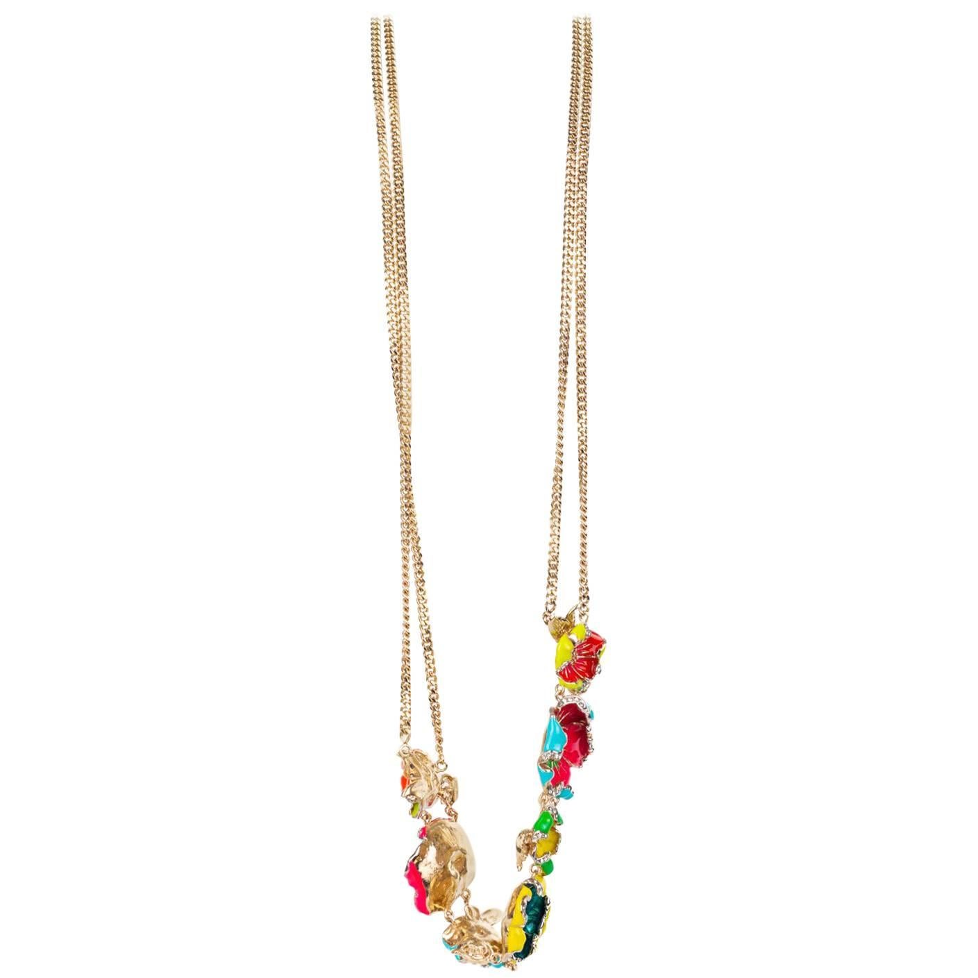 Roberto Cavalli Multicolored Floral Embellished Double Chain Necklace  For Sale