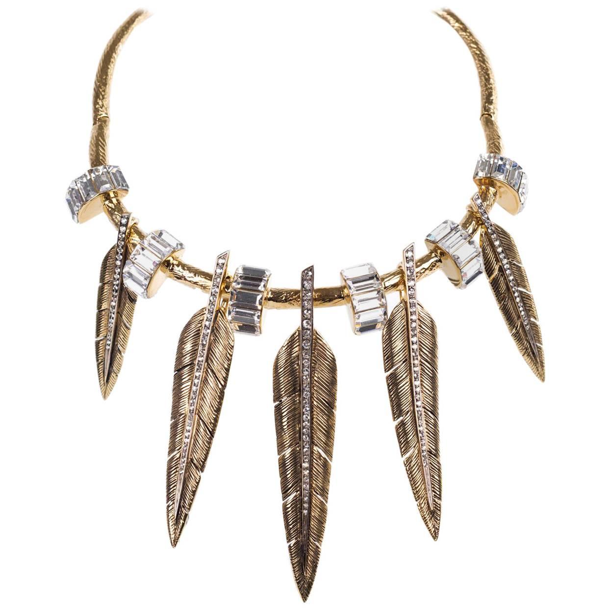 Roberto Cavalli Stone Embellished Feather Charm Choker Necklace For Sale