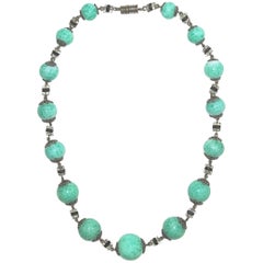 Art Deco Mottled Green Glass Bead Necklace with Clear and Black Crystal Beads