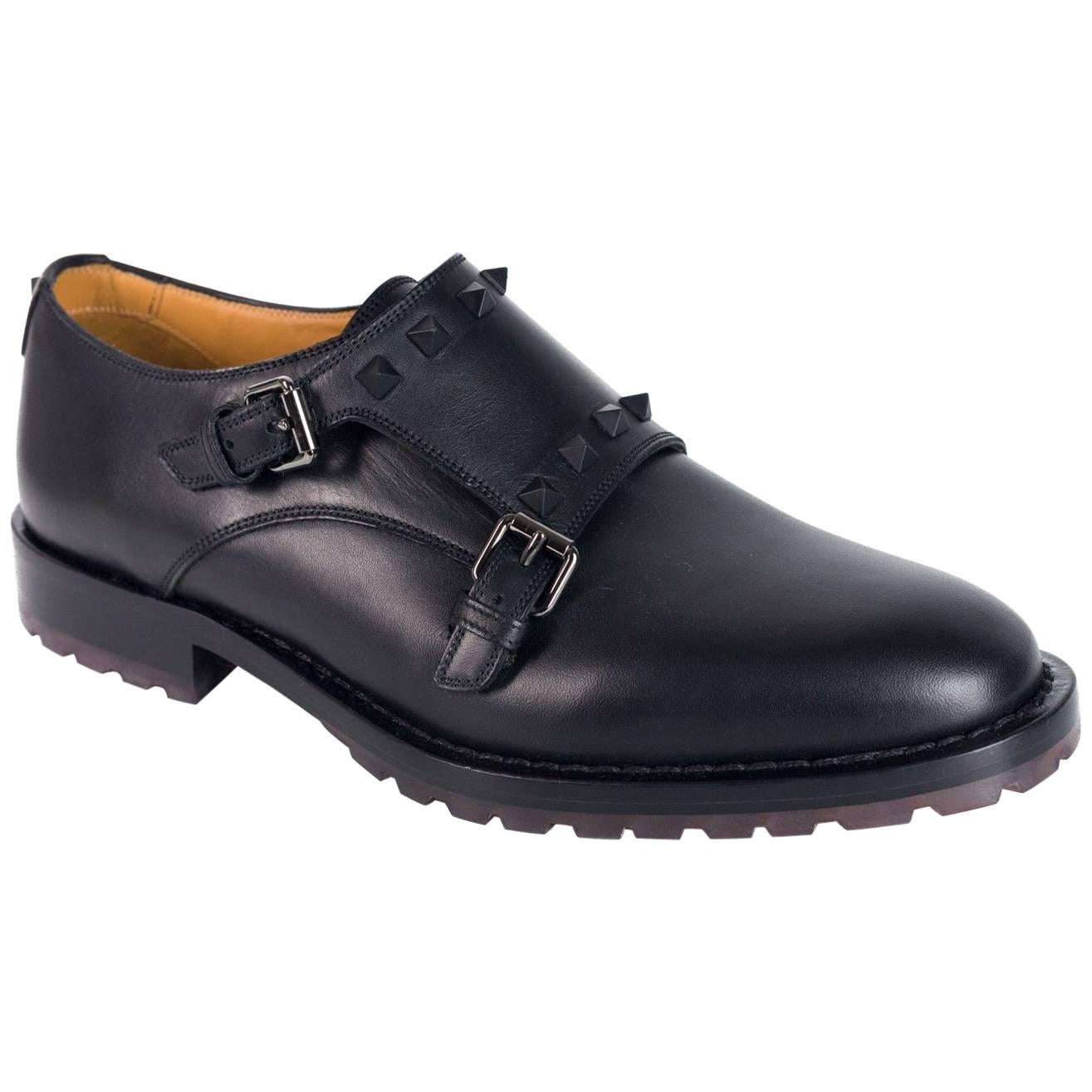 Valentino Men Black Leather Rockstud Double Monkstrap Derby Shoes  For Sale