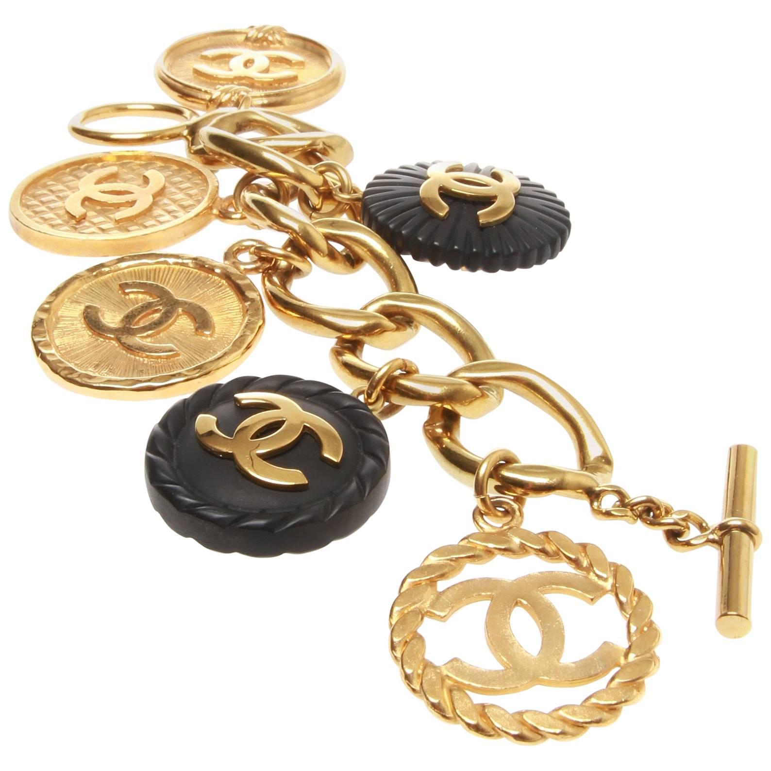 Chanel Large Charmed Bracelet, Large Link 1994 Model, w/ Black and Gold CC Charm