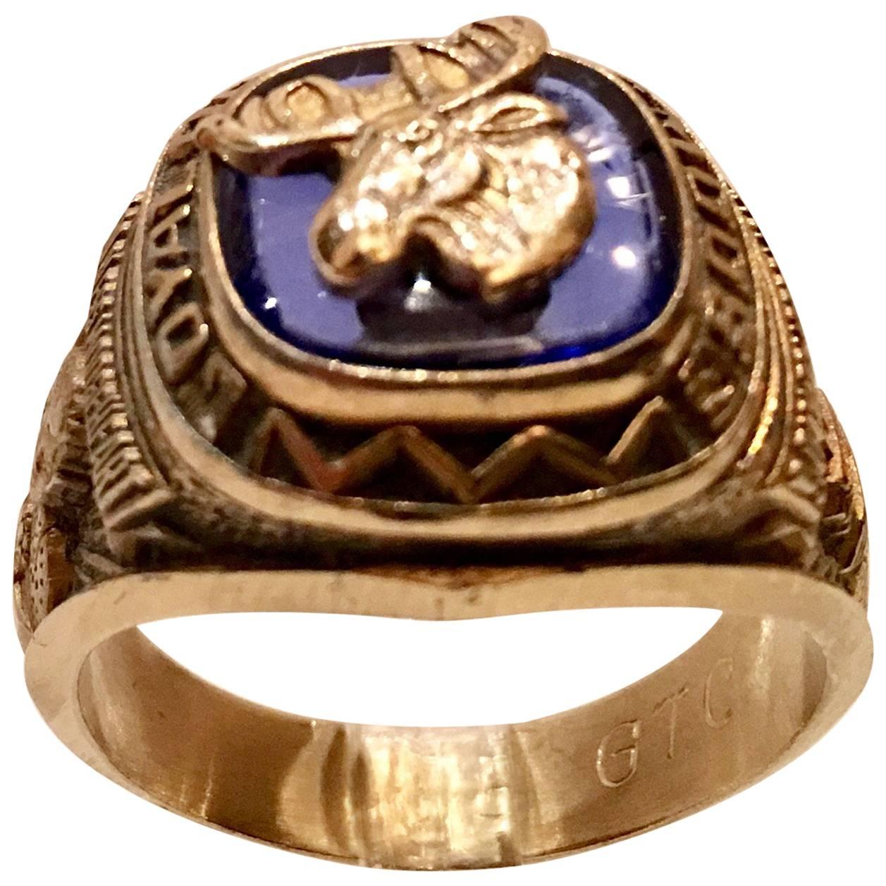 70'S 10K Gold & Blue Stone Fraternal Moose Legion Ring-Size 11.75