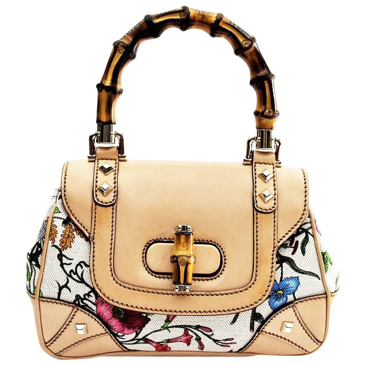 Gucci  Floral Flora Canvas Bamboo Top Handle Bag