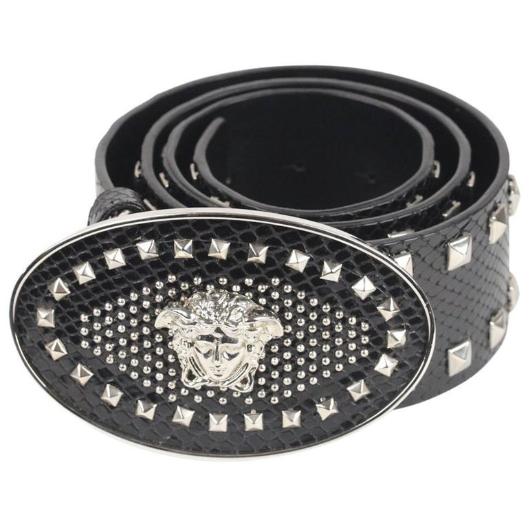 VERSACE Black Embossed Wide Studded Belt with Medusa Buckle Size 85/34