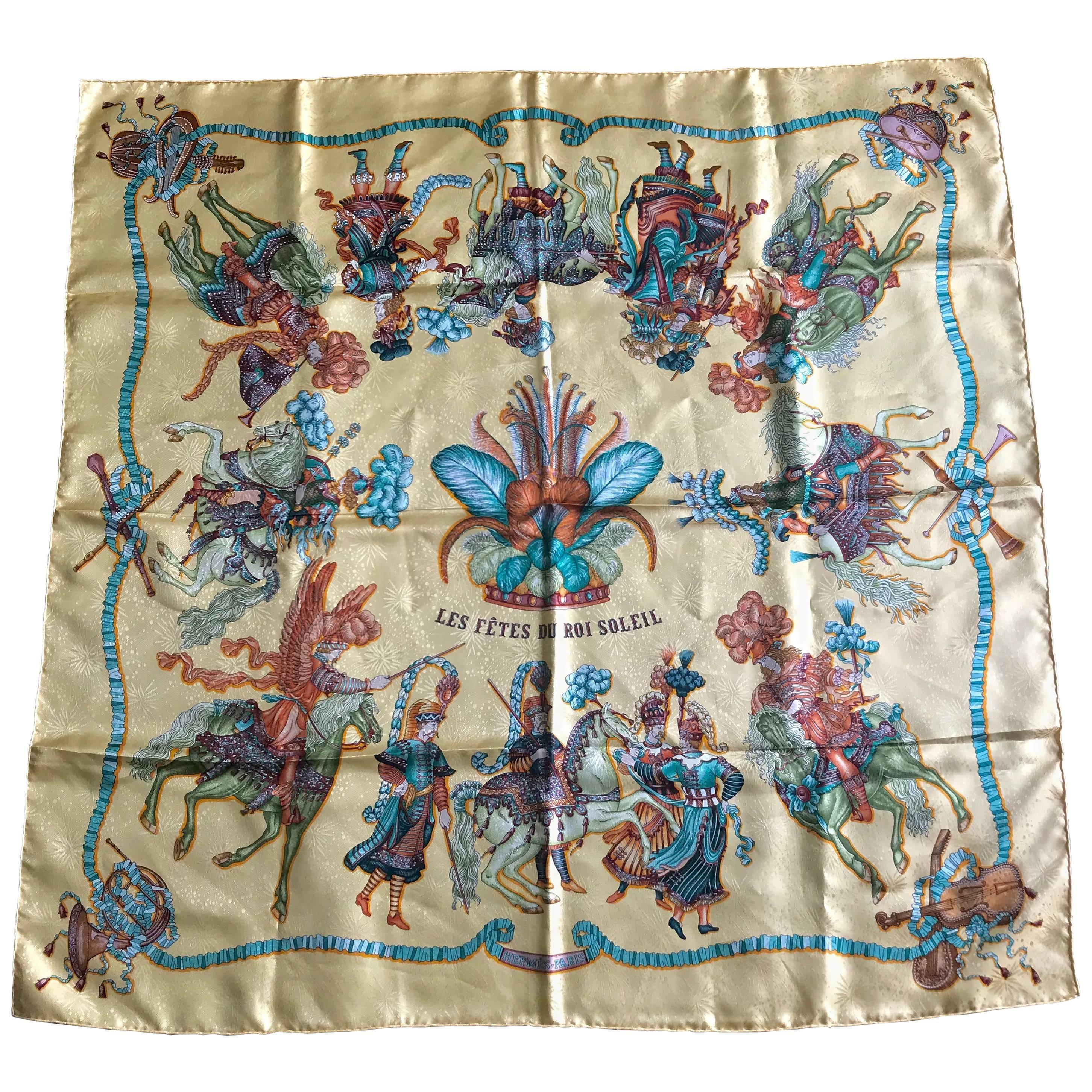 Vintage HERMES Carre silk scarf with yellow tone print. Les Fetes Du Roi Soleil. For Sale