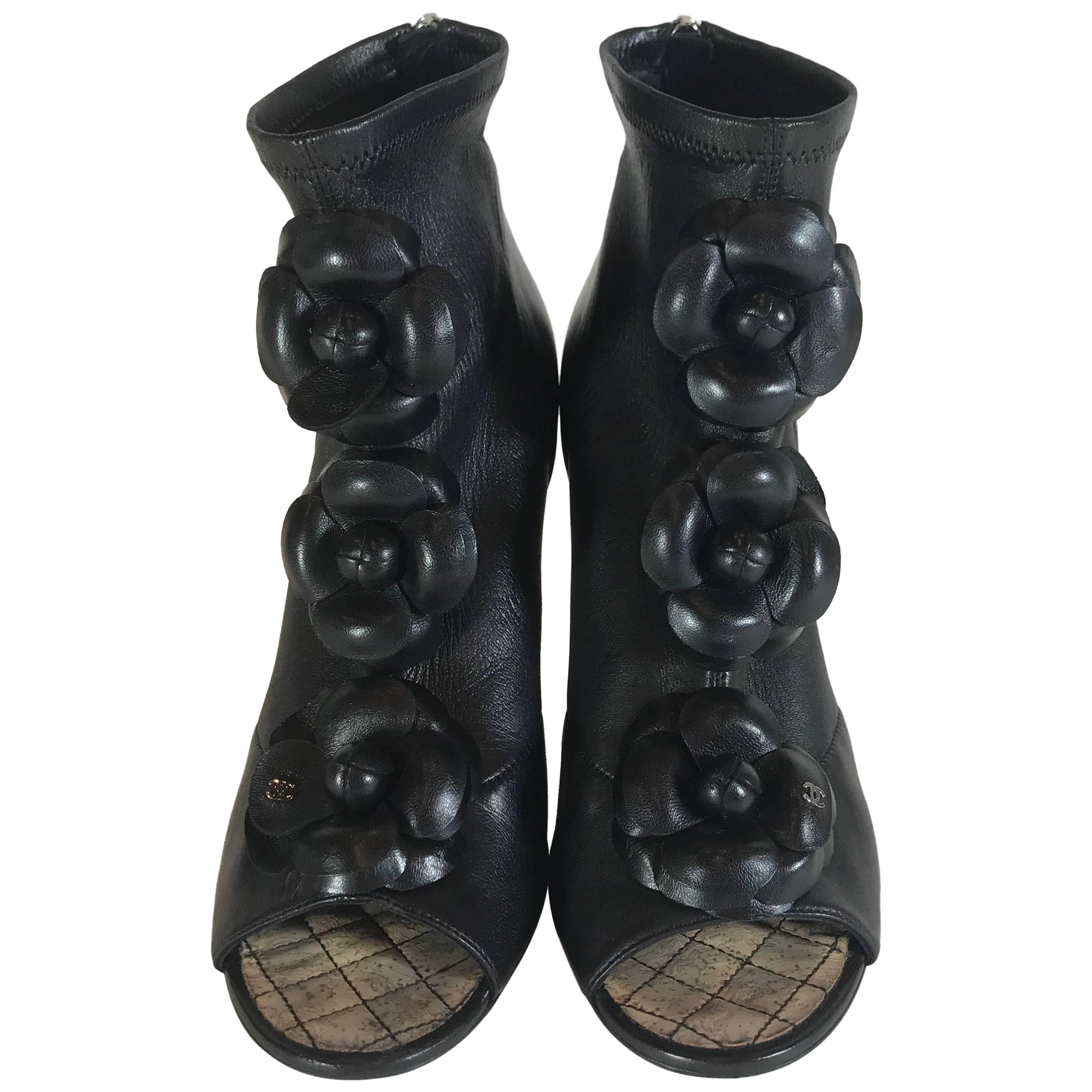 Chanel Black Leather Camellia Flower Wedge Ankle Boots For Sale