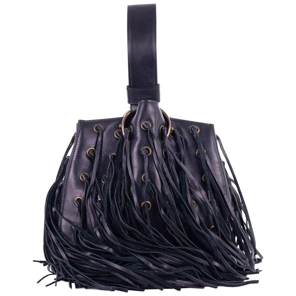Roberto Cavalli Black Leather Eyelet Fringe Wristlet Bucket Bag For Sale