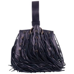 Roberto Cavalli Black Leather Eyelet Fringe Wristlet Bucket Bag