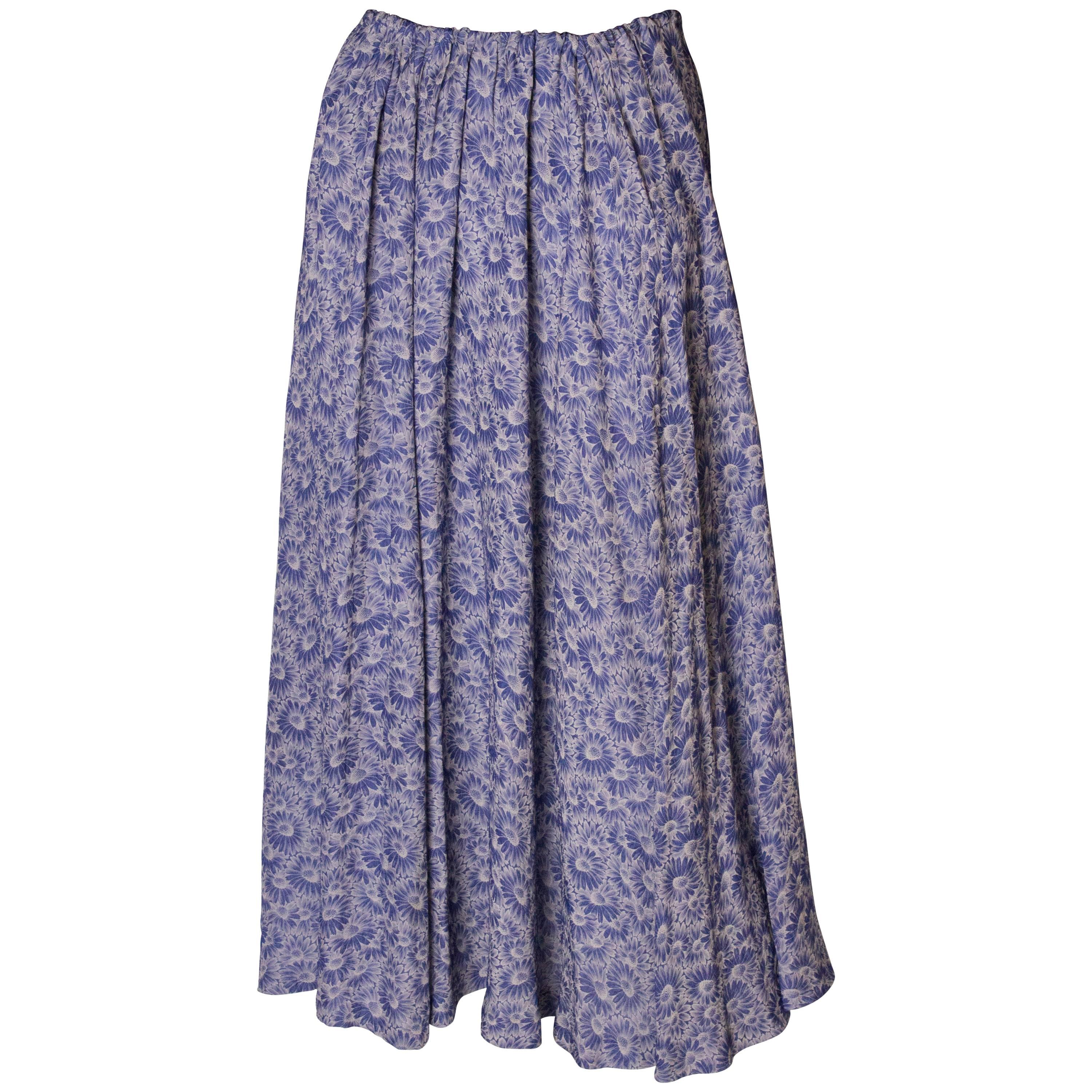 A Vintage 1970s Blue Floral printed Silk summer Skirt For Sale