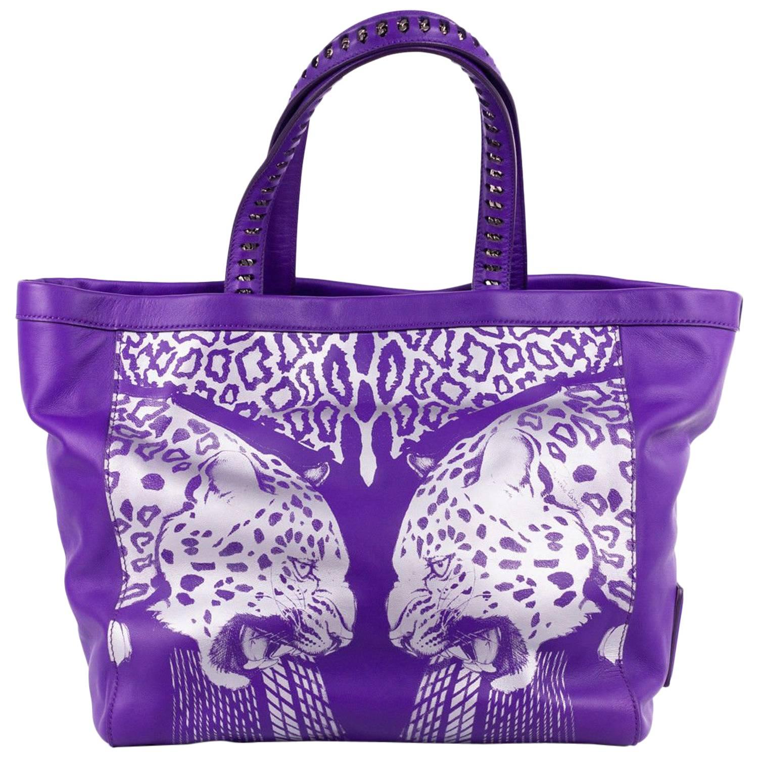 Roberto Cavalli Purple Leather Tiger Cheetah Print Tote Bag