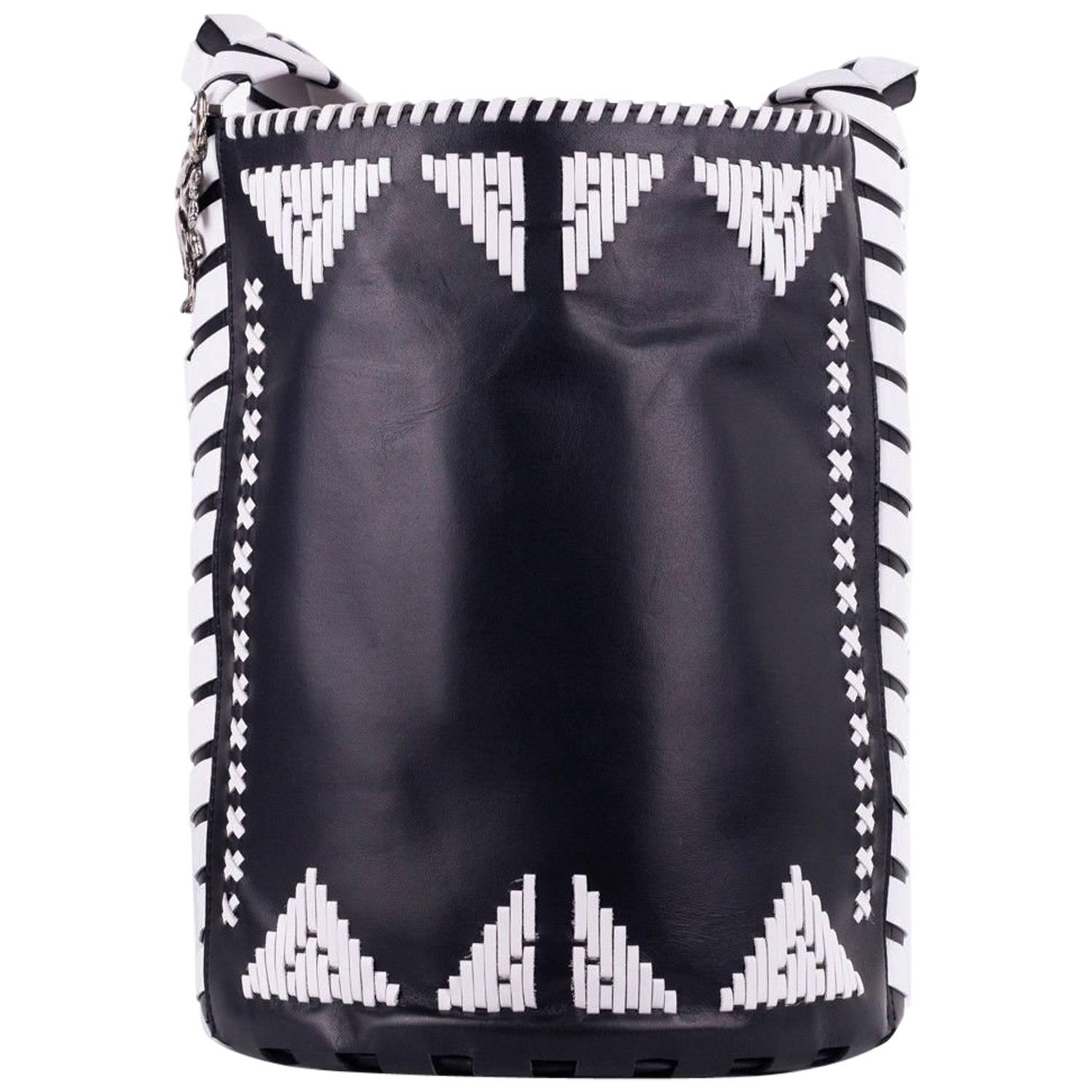 Roberto Cavalli Black Leather White Accent Shoulder Bucket Bag