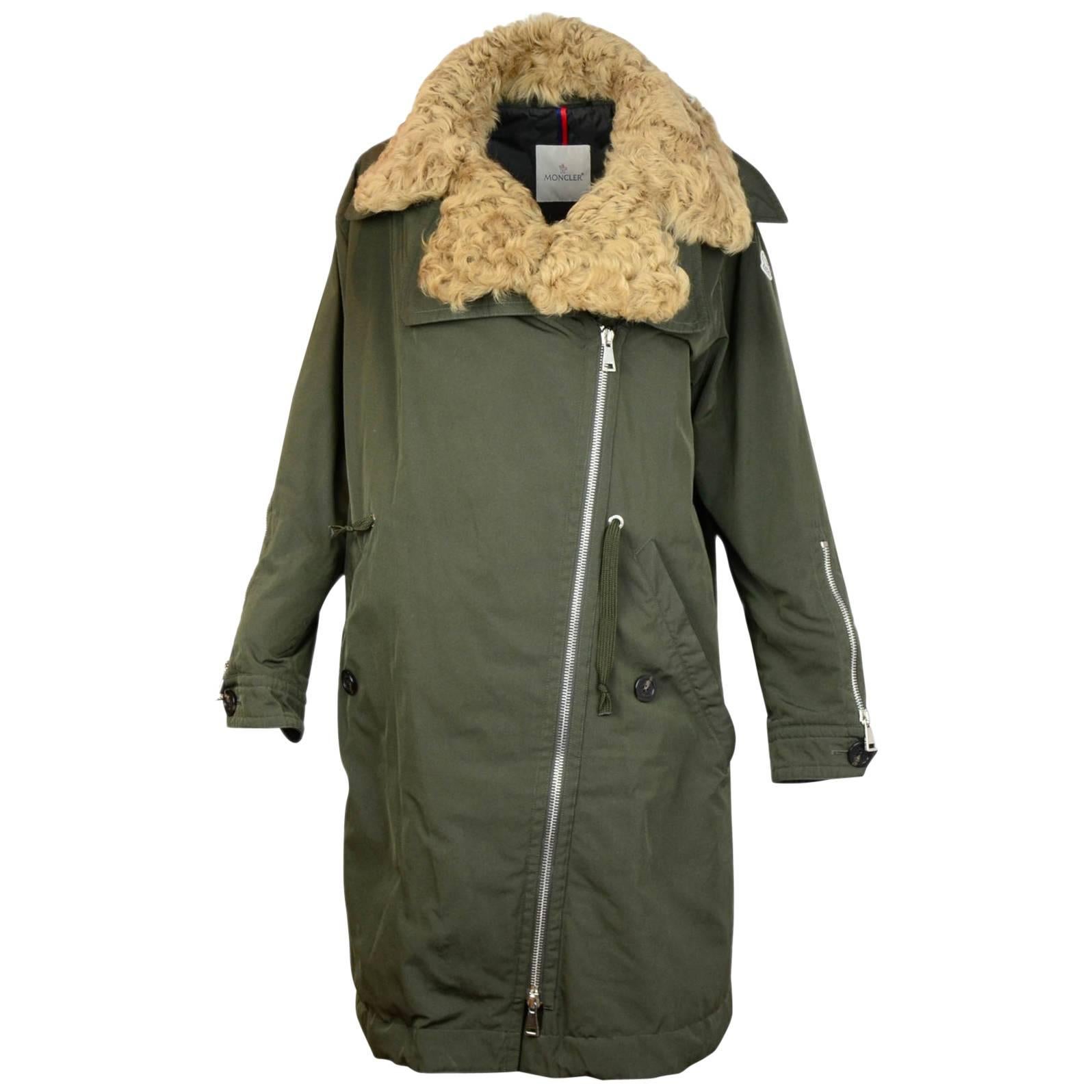Moncler Olive Green Aucuba Shearling and Twill Oversized Down Coat sz 4
