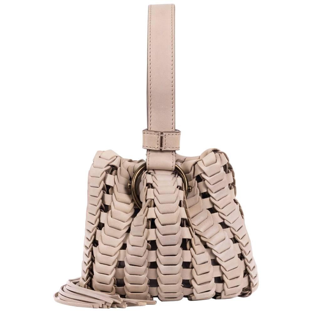 Roberto Cavalli Cream Mini Leather Tassel Bucket Bag For Sale