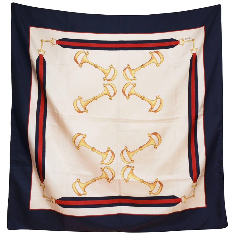 Gucci blue and ivory silk scarf, 80s For Sale at 1stDibs