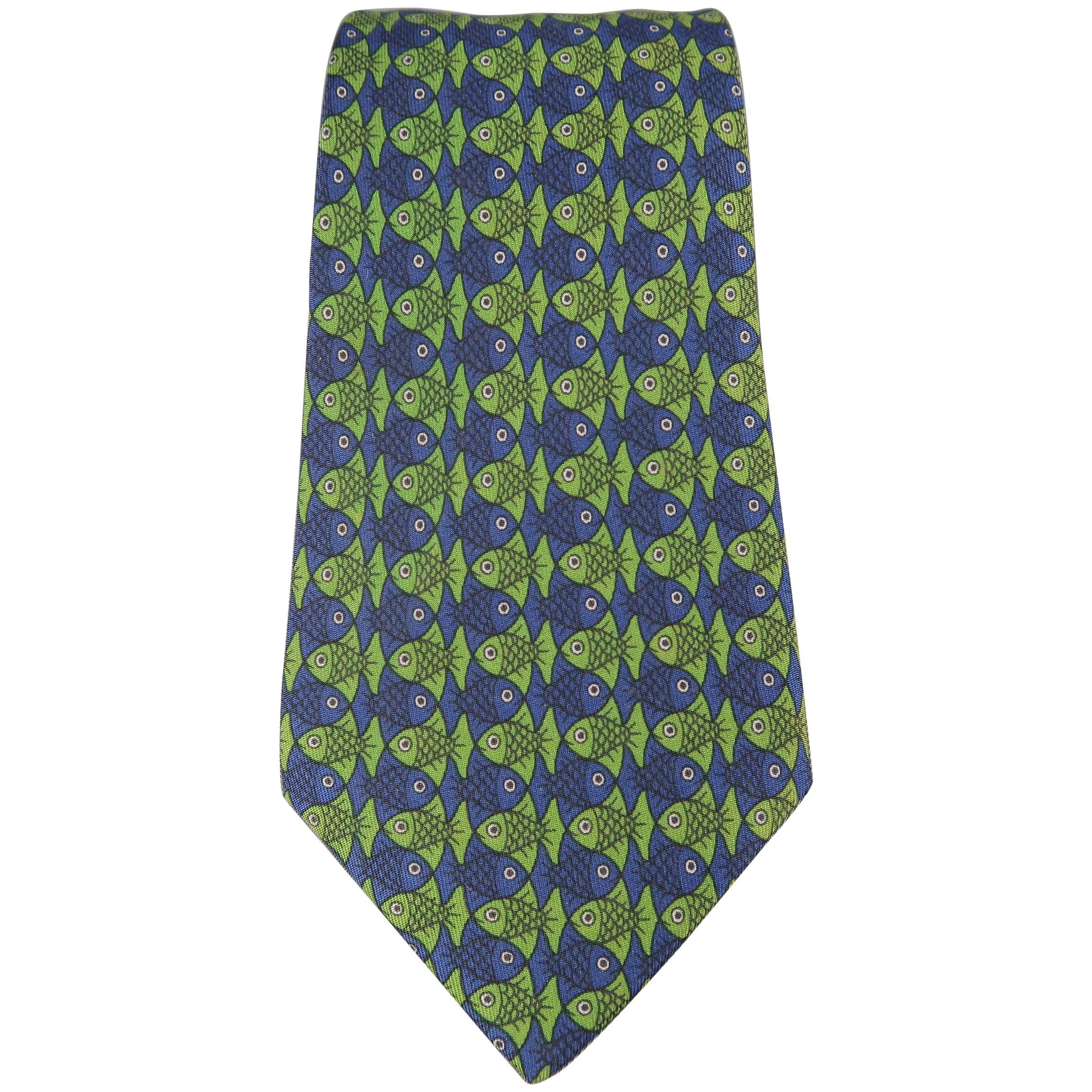 Men's HERMES Navy & Green Fish Print Silk Tie
